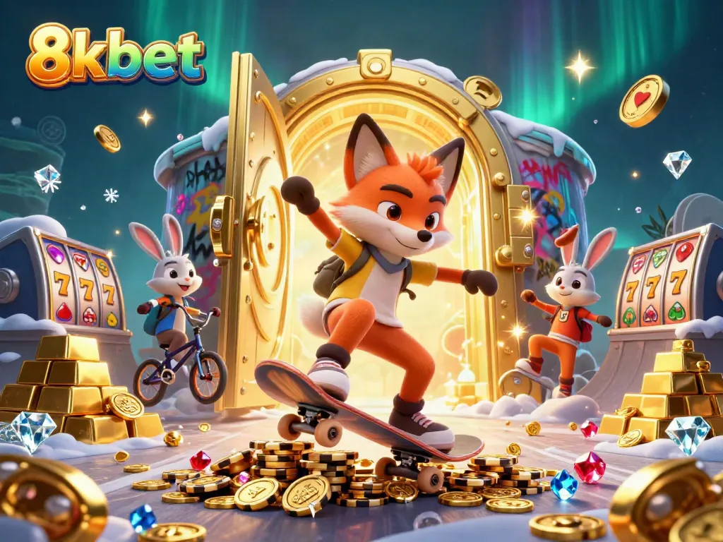 Experience the excitement of 8xbet with vibrant casino-themed characters and dazzling treasures.
