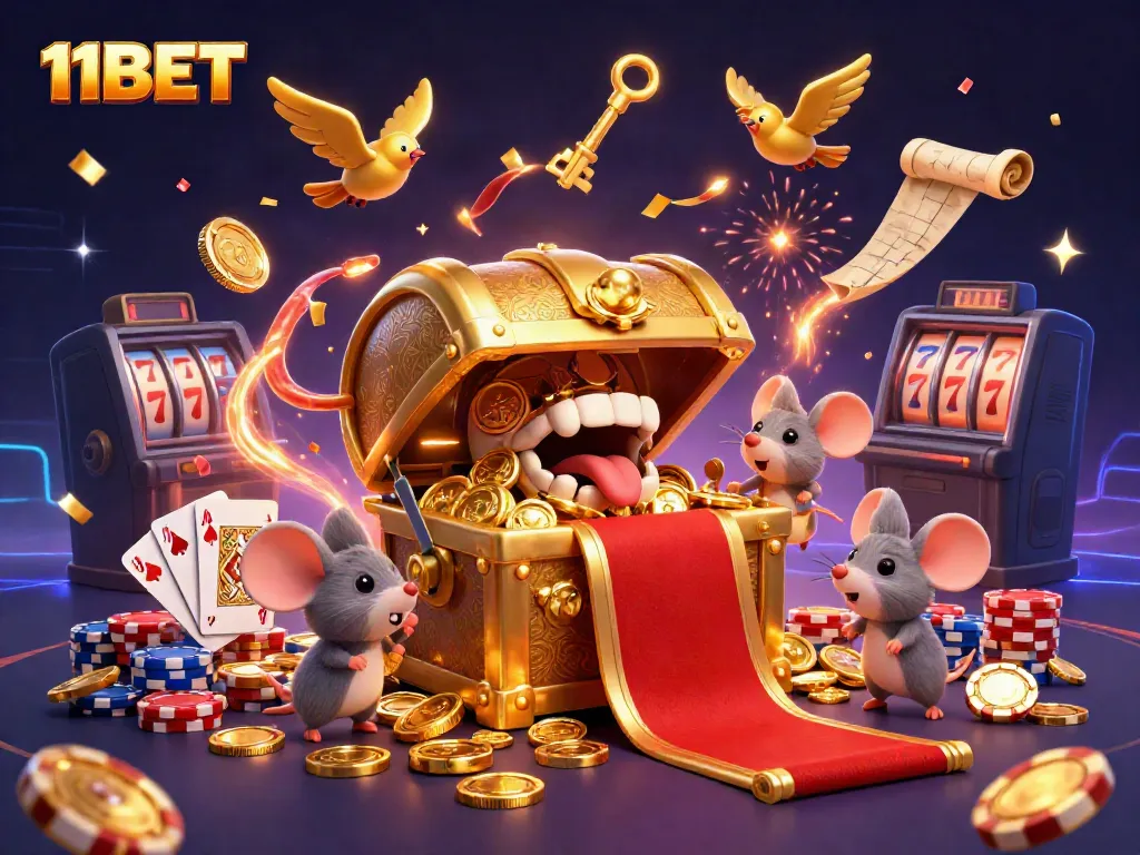 Experience excitement at 11BET with a dynamic scene of treasure, fortune, and gaming elements