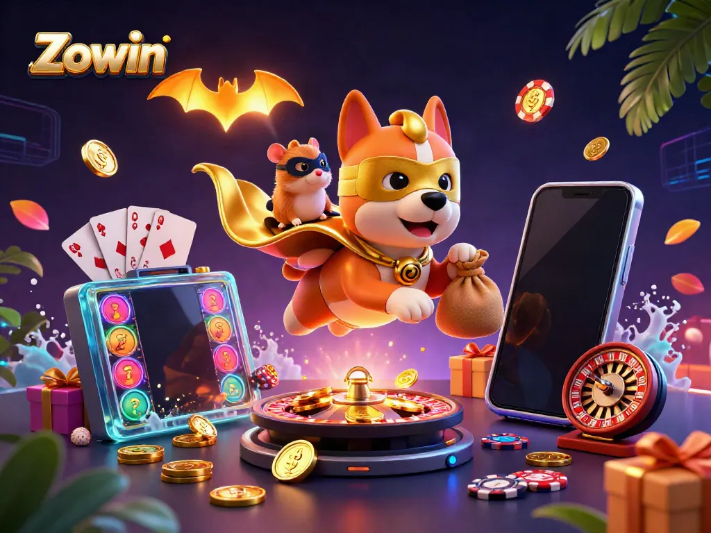 Zowin offers an exciting game experience with our superhero dog carrying gold coins amidst vibrant casino elements.