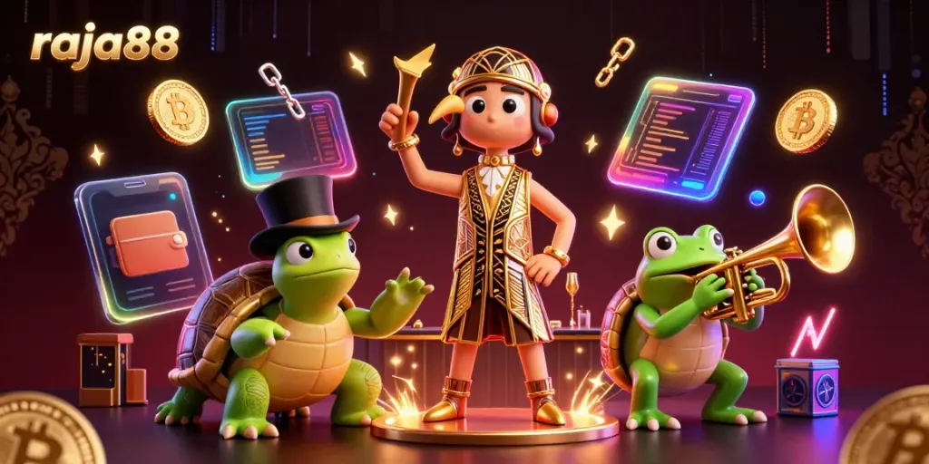 Engage with exciting games at raja88 featuring a vibrant 3D illustration of a crane, turtle, and frog in a lively casino.