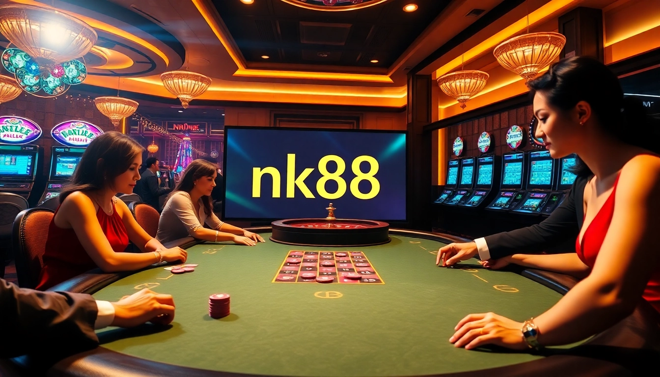 Players strategizing at a poker table with nk88 elements, surrounded by vibrant casino visuals.