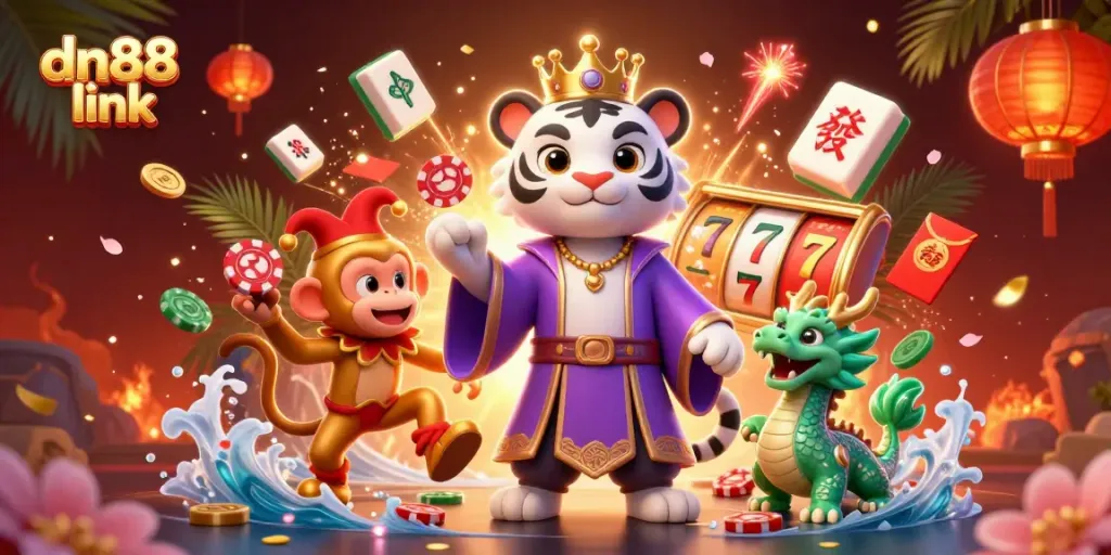 Experience the vibrant action of the dn88 link casino with a dynamic 3D illustration of a tiger, monkey, and dragon surrounded by slots and festive elements.