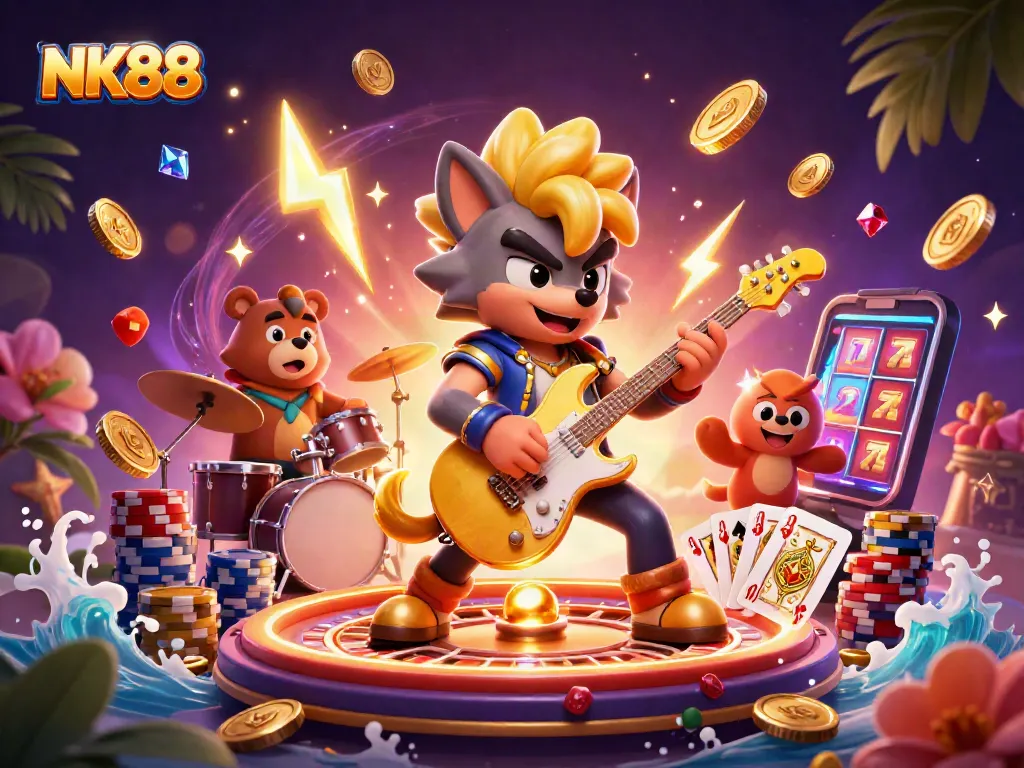 NK88 showcases thrilling gameplay with a rock star wolf and dynamic casino elements.