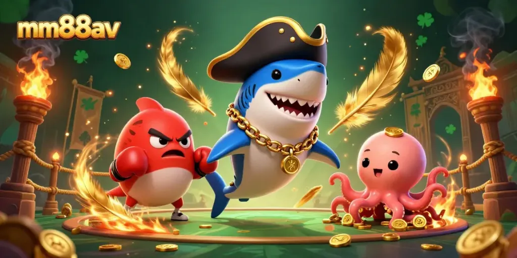 Experience thrilling action and excitement with mm88av as the pirate shark, pufferfish, and octopus surround a casino arena.