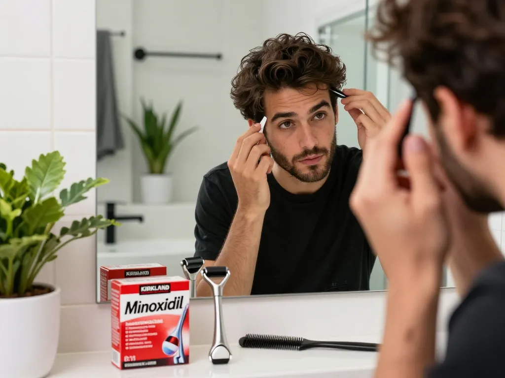 Applying Kirkland Minoxidil in stylish bathroom, enhancing hair and beard growth routines.