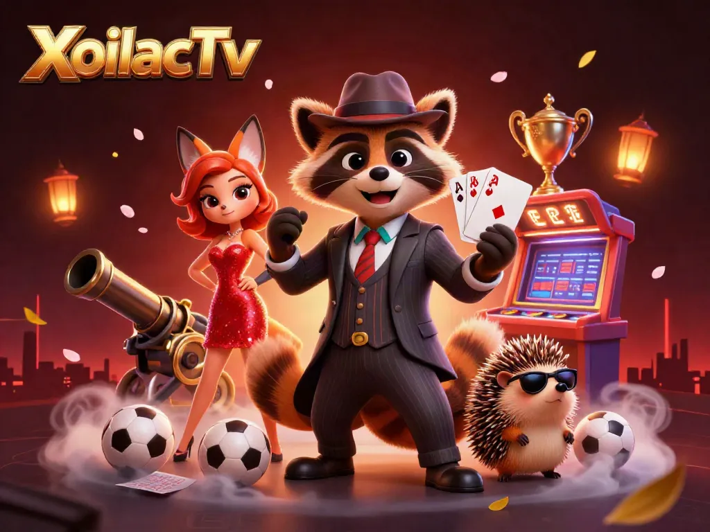 XoilacTv offers a high-energy sports betting scene featuring a suave raccoon and charming fox, packed with vibrant elements.