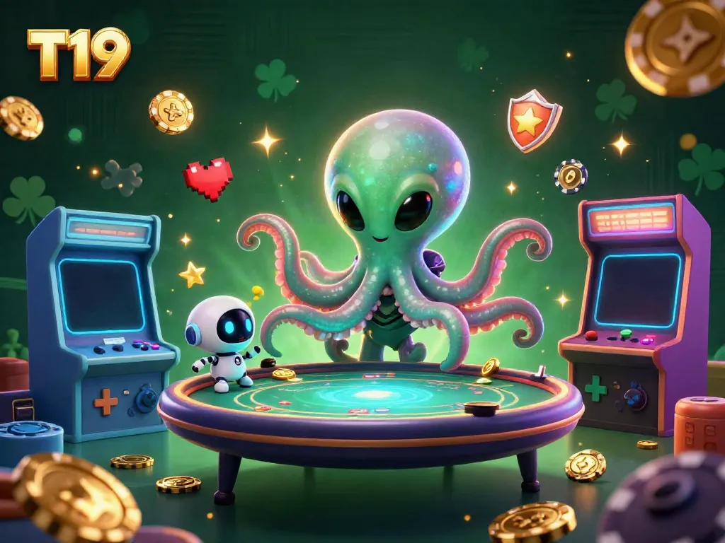 T19 features a vibrant alien octopus playing poker as asteroid-shaped chips orbit, creating engaging casino excitement.