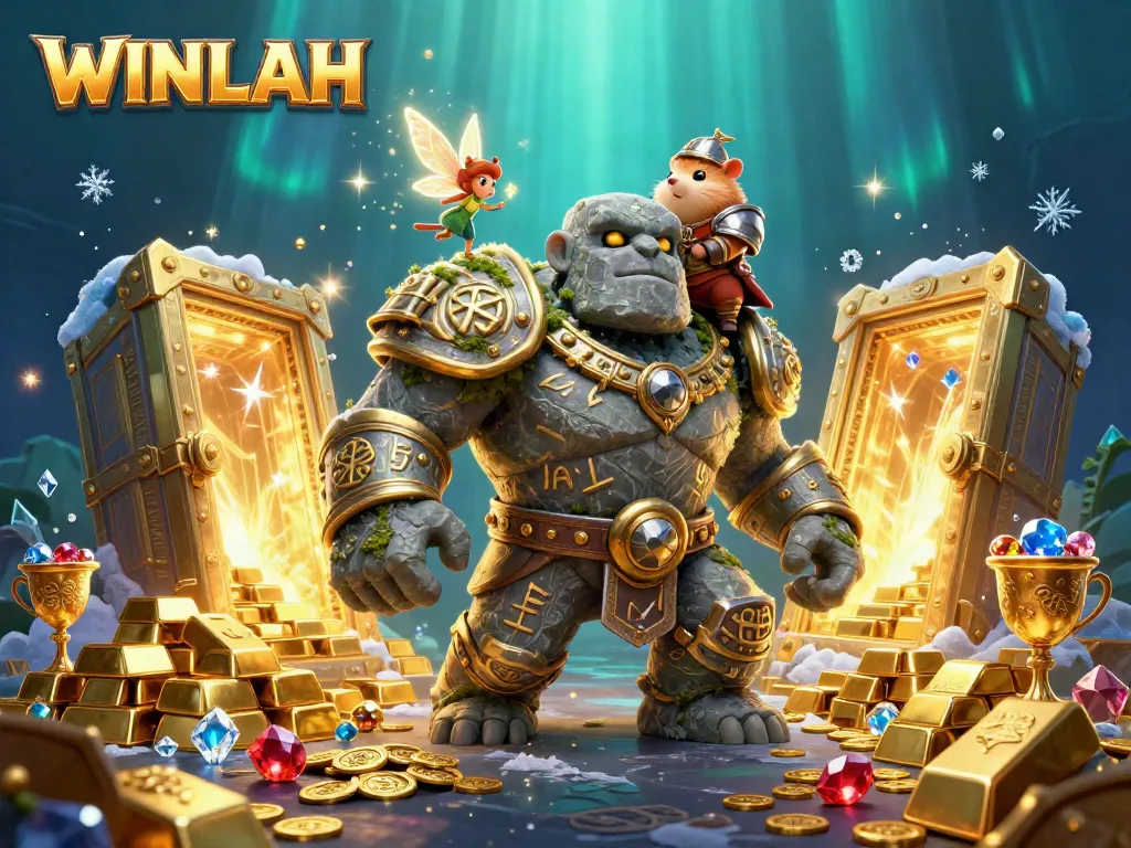 WINLAH's vibrant 3D fantasy casino scene with magical characters and golden treasures.