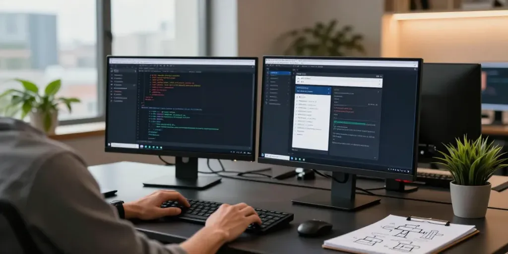 Developer utilizing an OpenAI-compatible API in a modern workspace with dual monitors and coding tools.