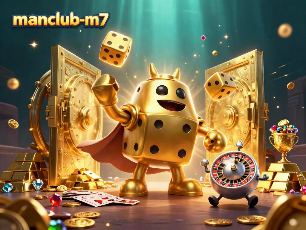 Experience manclub-m7 with a dynamic scene of casino-themed golden dice and treasures.