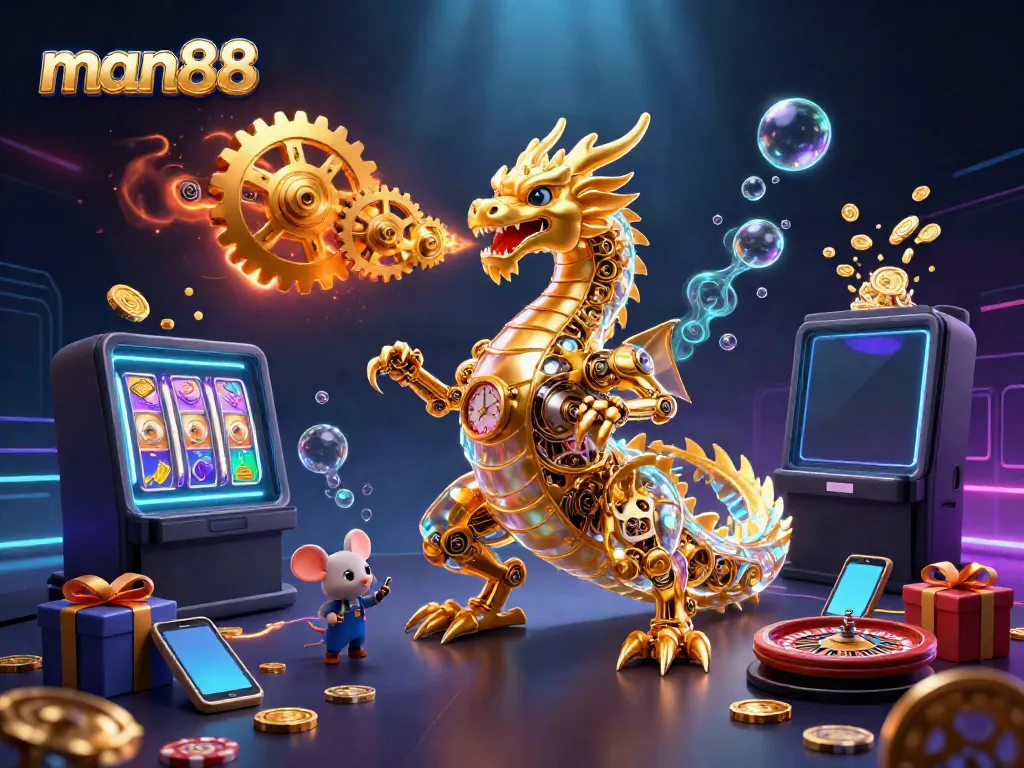 Experience the excitement of man88 with a vibrant 3D scene featuring a golden dragon, casino elements, and dynamic gameplay.