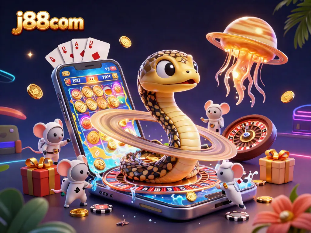 Engage with j88com's thrilling cosmic casino experience featuring astronaut mice betting on a roulette wheel.