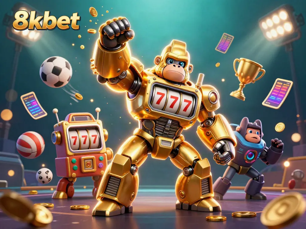 Experience the thrilling action of 8xbet with a dynamic golden gorilla mech surrounded by sports elements and vibrant energy.