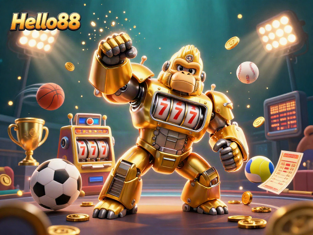 Engage with Hello88's casino excitement featuring a golden gorilla mech amidst dynamic sports elements.
