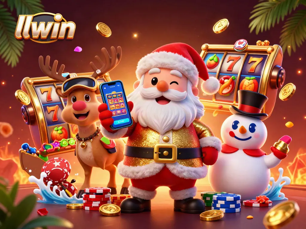 Play thrilling slots with llwin in this vibrant casino scene featuring Santa and friends.