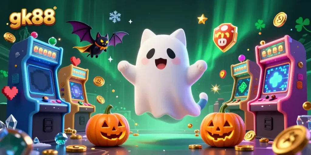 Engage in thrilling gameplay with gk88, featuring a ghost cat and vampire bat in a vibrant casino setting.