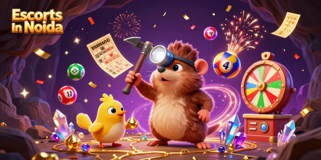 Engaging scene of Escorts In Noida featuring a lucky treasure hunter mole and vibrant lottery-themed elements.