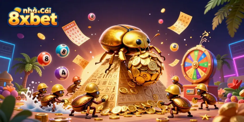 Engage in fun and exciting games at nhà cái 8xbet with a vibrant scene of casino elements.