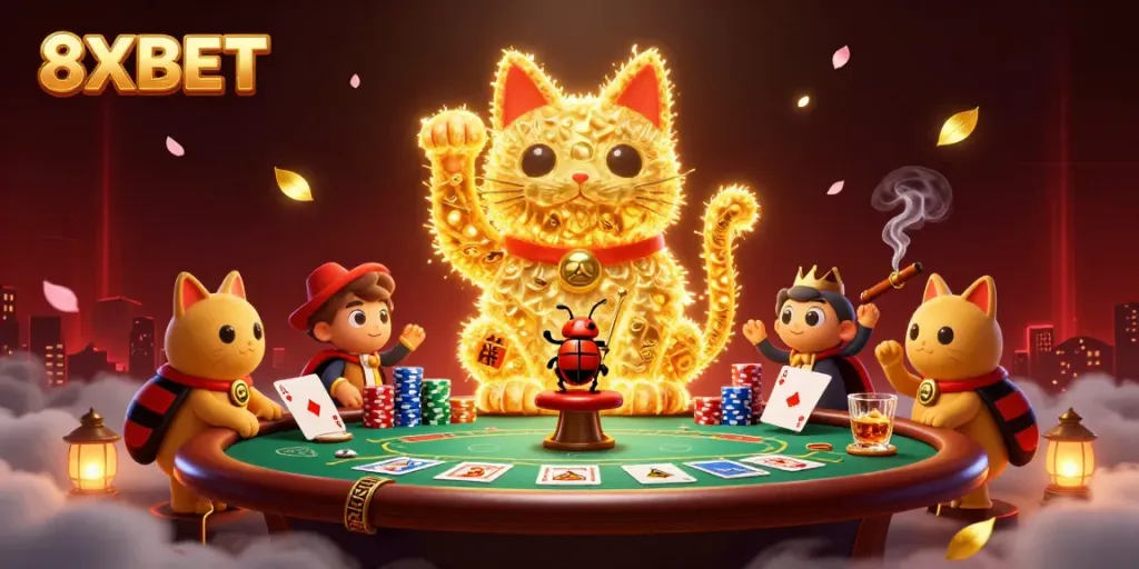 Catch the excitement at 8XBET with vibrant 3D casino-themed art featuring a lucky cat and poker elements.