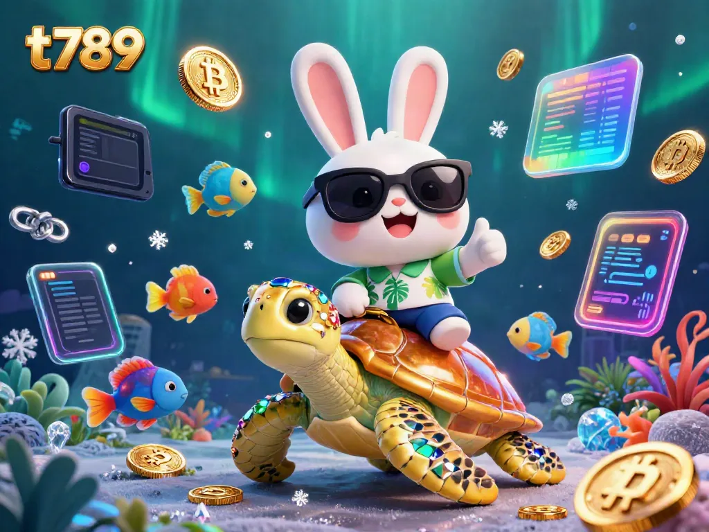 Experience thrilling gameplay with t789, as luck beams from a cartoon rabbit riding a sea turtle amidst colorful casino tokens.