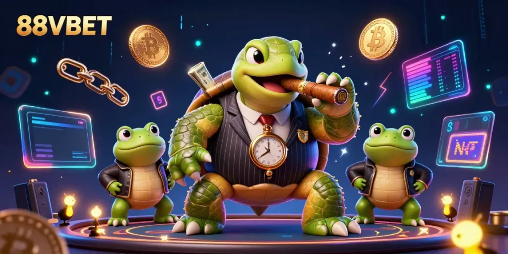 Experience winning thrills with 88VBET as a playful snapping turtle leads two bullfrog enforcers in a vibrant casino scene.