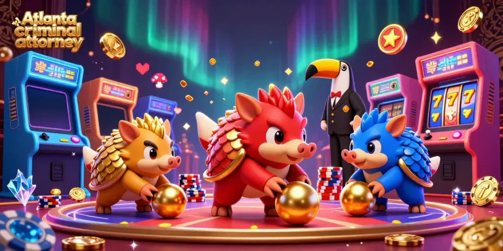 Engaging dynamic scene with rival pangolins illustrating Atlanta criminal attorney through gambling elements like poker chips and slot reels.
