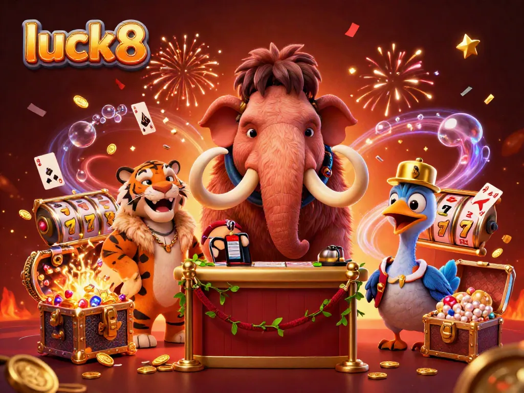 Check IDs at Luck8, featuring a woolly mammoth bouncer and saber-tooth VIP in a vibrant casino scene.