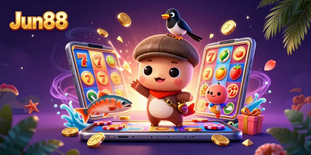 Play slots with Jun88's 3D cartoon Nessie surrounded by vibrant casino elements.