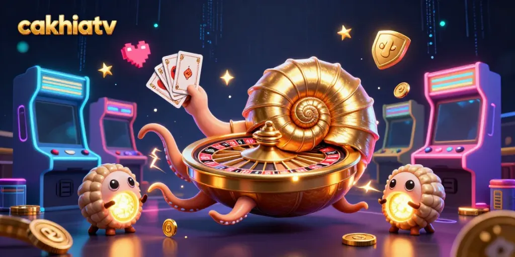 Experience cakhiatv's thrilling casino scene with a giant nautilus roulette wheel amidst vibrant gaming elements.