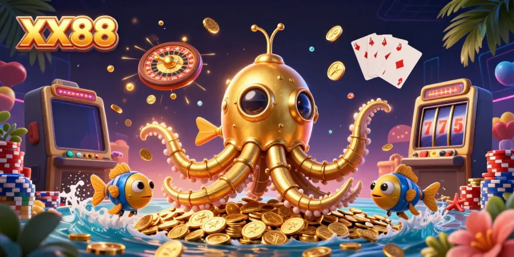 Win big at XX88 with a vibrant underwater casino scene featuring a golden kraken and treasure