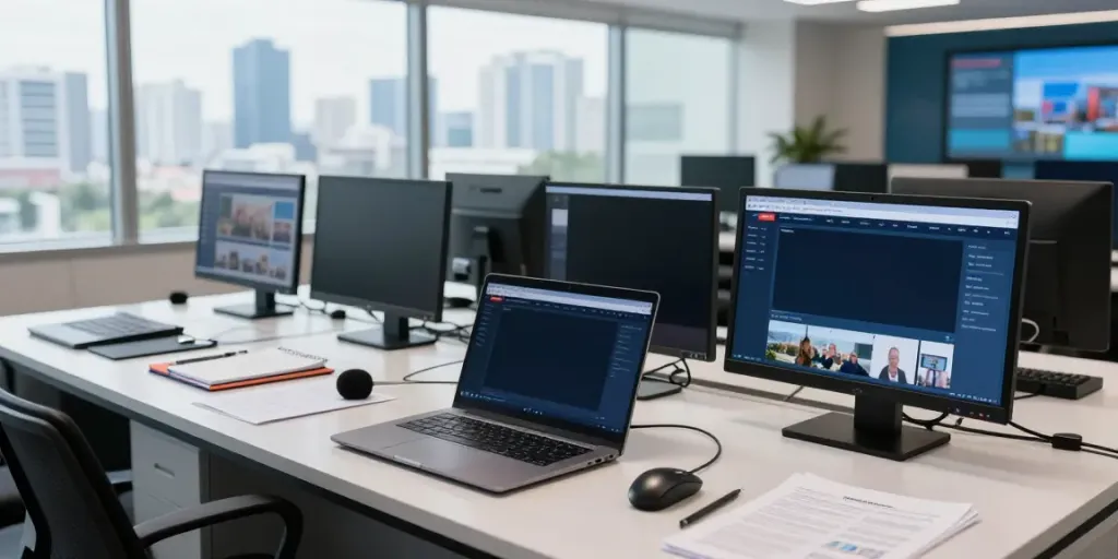 Journalist at a news desk featuring lornematthews.com with multiple screens and city view.