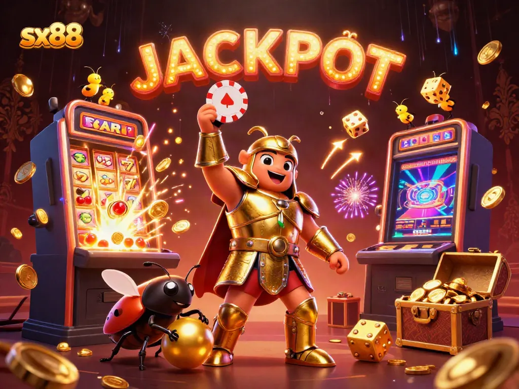 SX88 online casino features a golden armored beetle celebrating a jackpot victory.