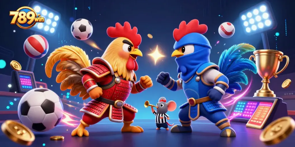 Experience thrilling action with 789win as cartoon roosters battle in a vibrant casino scene.