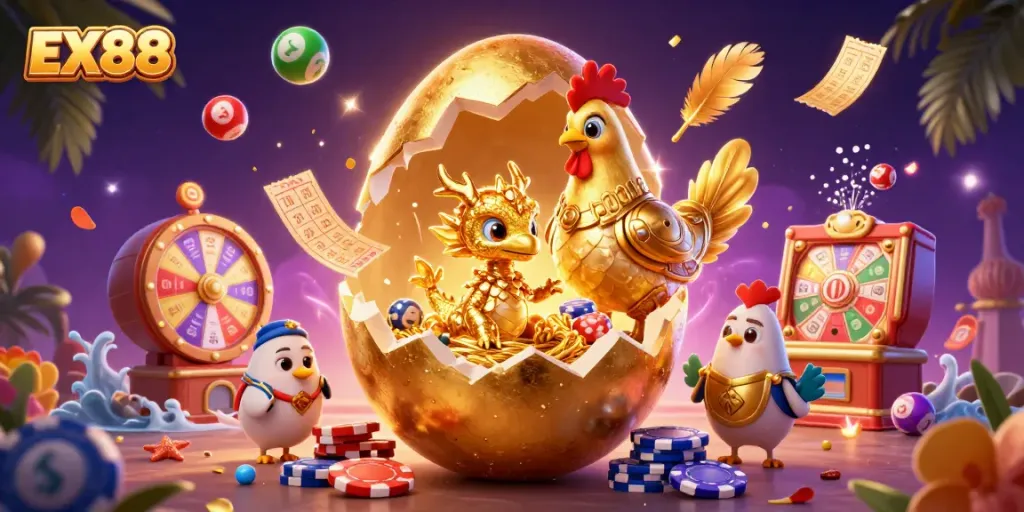 Engage in exciting gambling with EX88 as golden dragon protects a nest of poker chips.