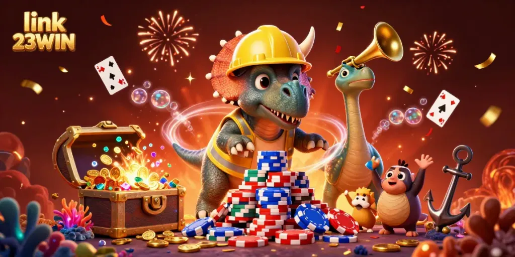 Engage with link 23WIN as playful characters celebrate a casino adventure filled with colorful gems and poker excitement.