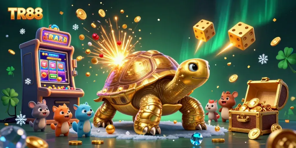 Engage in the TR88 excitement with cartoonish characters around a vibrant jackpot explosion.