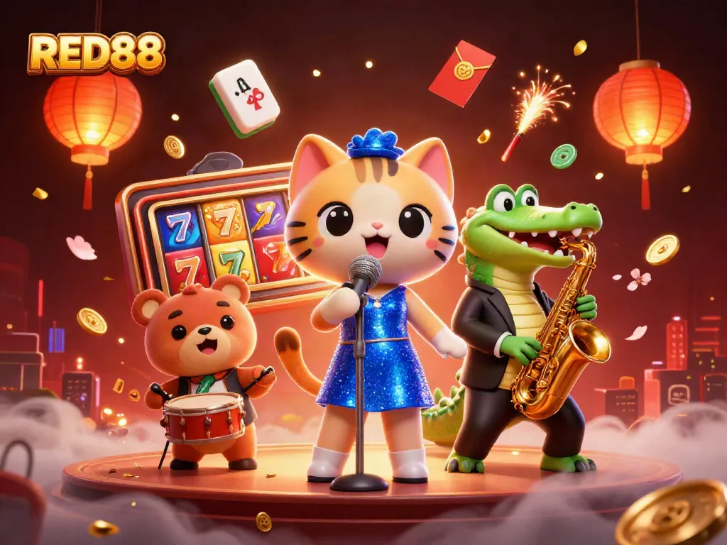 Engage with the lively RED88 casino scene featuring a singing cat, saxophone-playing crocodile, and drum-playing bear.