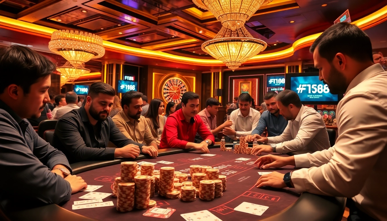 F168 casino scene featuring high-stakes poker players and colorful chips on a luxurious gaming table.