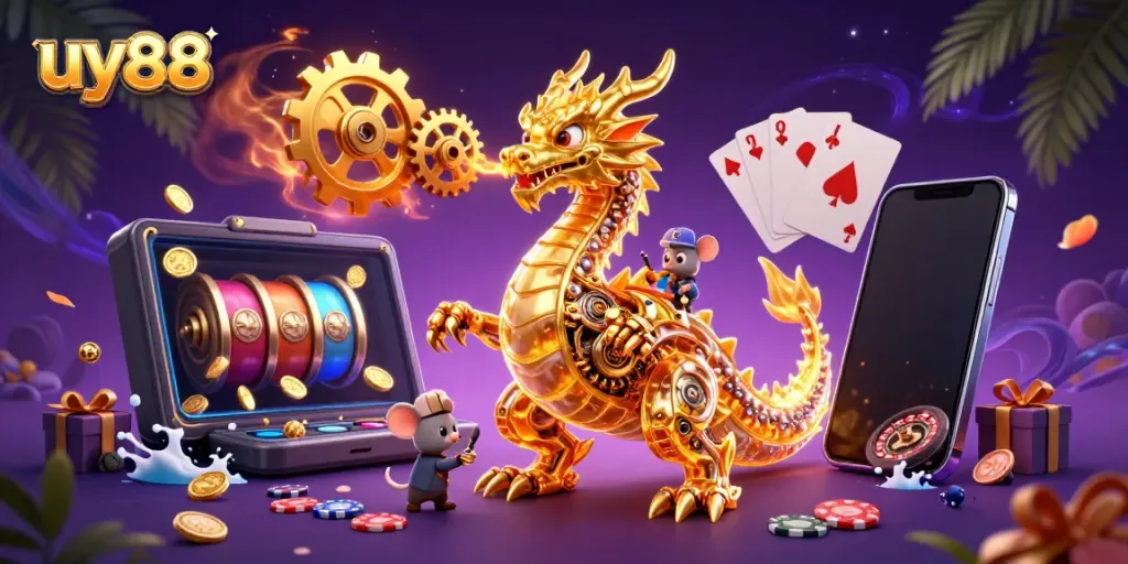 Experience the thrill of uy88 with a golden dragon gaming amidst vibrant casino elements.