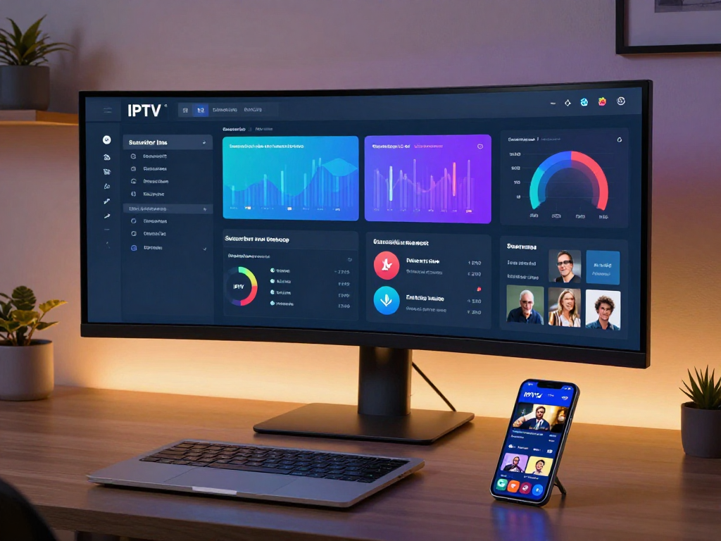 IPTV reseller dashboard showcasing advanced analytics and digital streaming features in a modern tech environment.