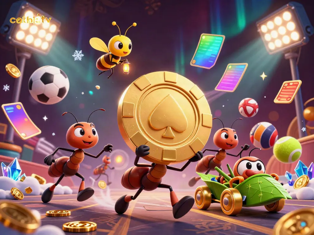 Cakhiatv ants heist with golden poker chip in a vibrant gambling scene
