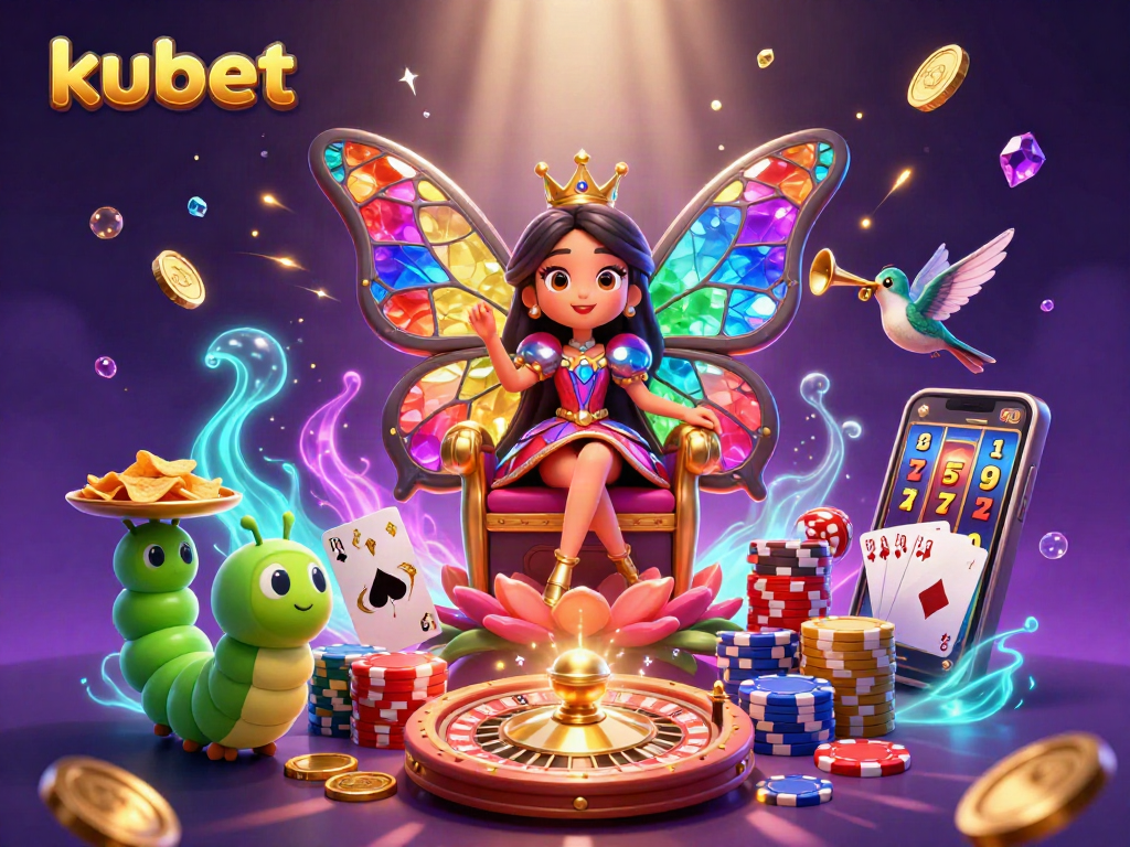 Engage in exciting kubet gaming with vibrant casino-themed 3D illustration of a butterfly queen surrounded by poker elements.