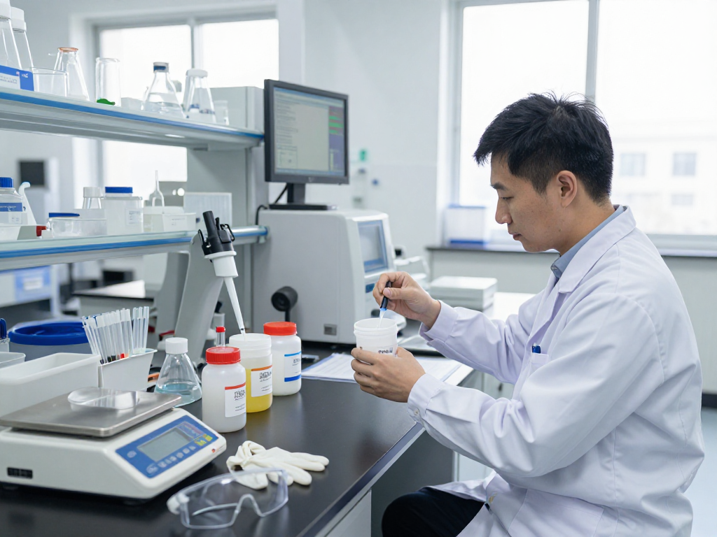 Laboratory chemicals supplier measuring high-quality chemicals in a modern lab environment.