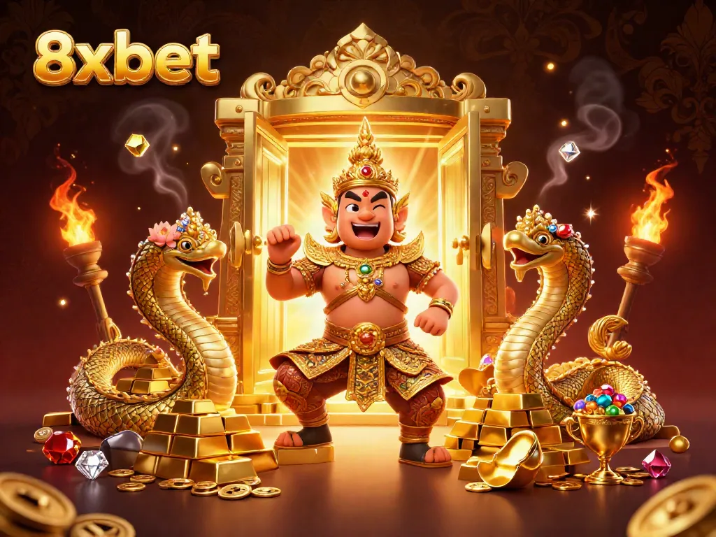 Experience the excitement of 8xbet with a vibrant digital casino scene featuring dynamic characters and treasures.