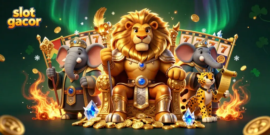 Engage with slot gacor through an exciting royal scene featuring a lion king, elephant advisor, and cheetah messenger.