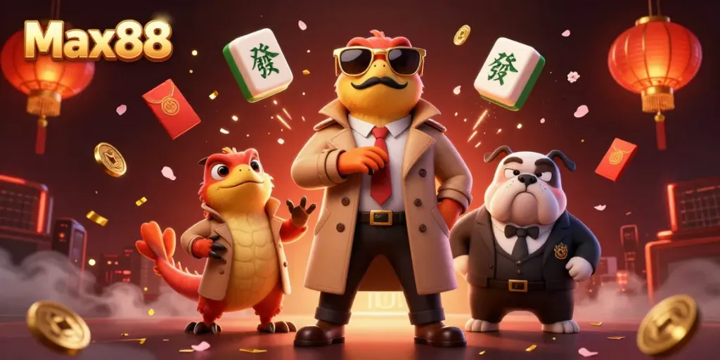 Max88 raptors hilariously attempt to enter a VIP casino, filled with vibrant game elements.