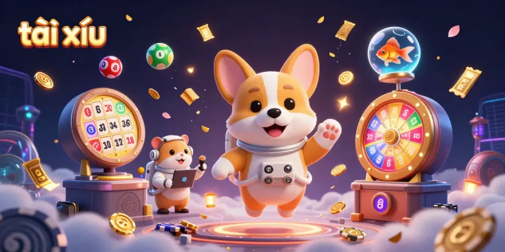 Tài xỉu gaming illustration with a 3D cartoon astronaut corgi in a space casino, surrounded by dynamic lottery elements.