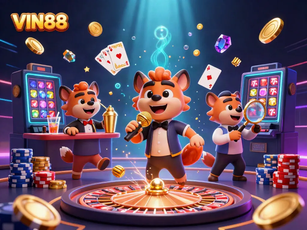 VIN88 hyenas in a vibrant casino scene, celebrating wins with golden coins and sparkling gems.
