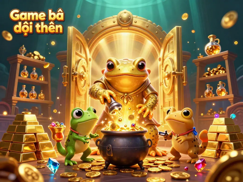 Experience the excitement of Game bài đổi thưởng with a golden alchemist, frog apprentice, and treasure elements.
