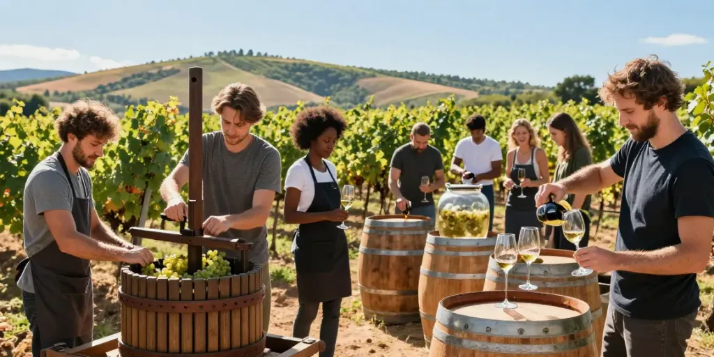 Engaging vineyard scene showcasing avpwinecollective.com winemakers creating wine with passion.
